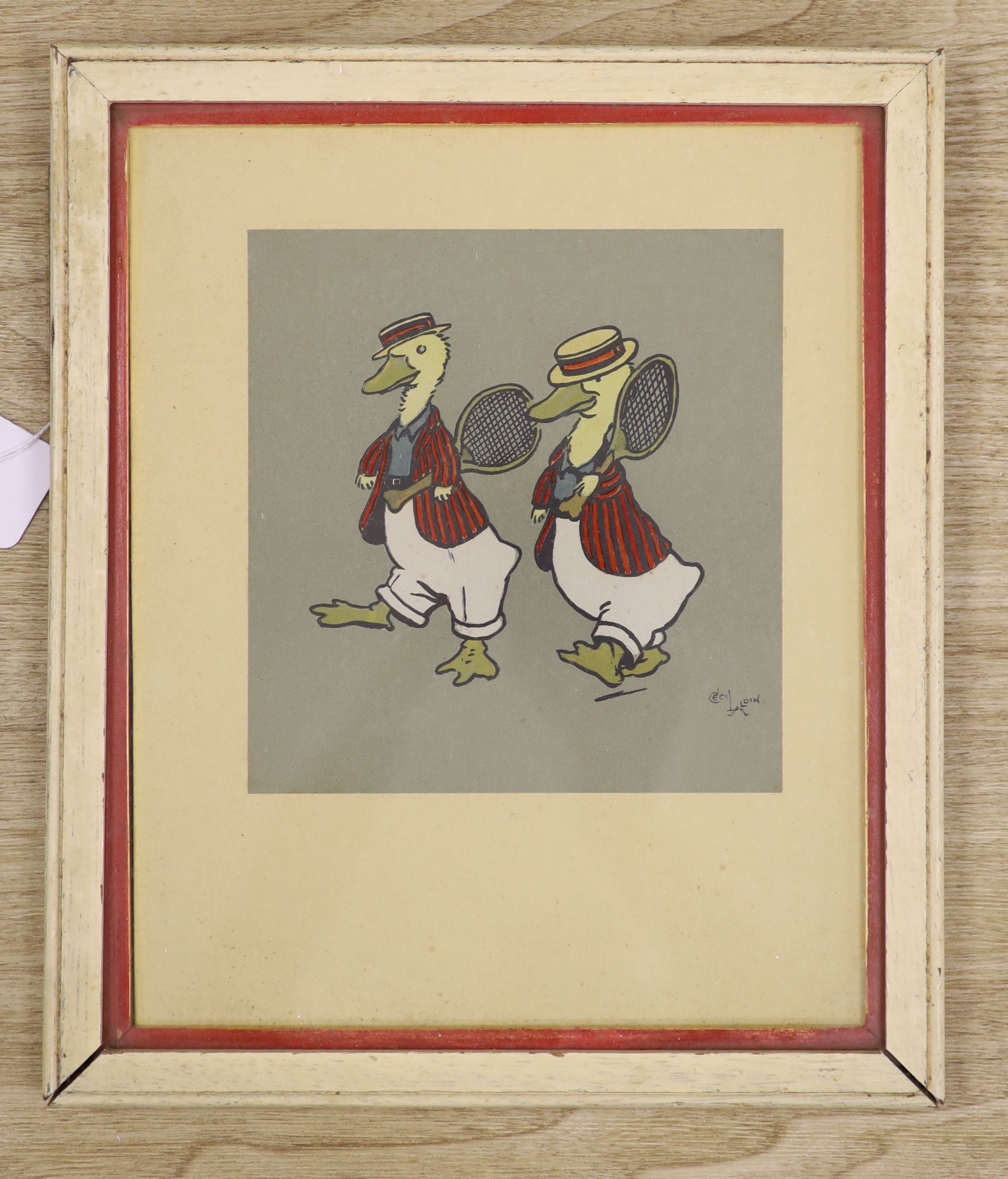Cecil Aldin, chromolithograph, Ducks playing tennis, 17 x 16cm